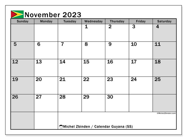 Printable calendar, November 2023, Guyana (SS)