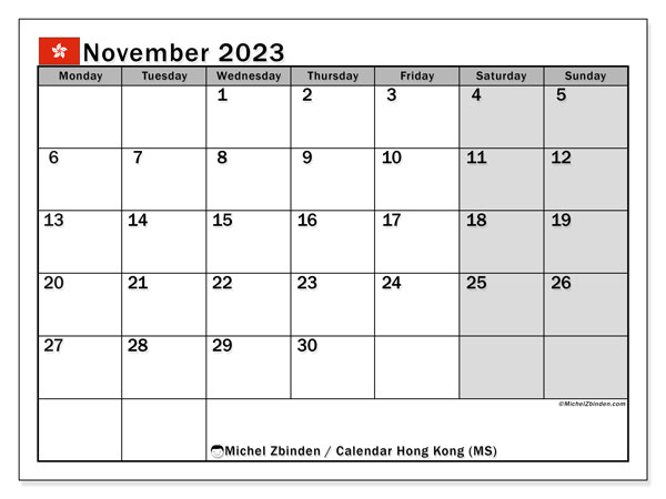 Kalendarz listopad 2023, Hongkong (EN). Darmowy program do druku.