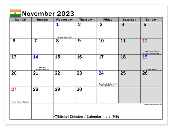 Printable calendar, November 2023, India (MS)