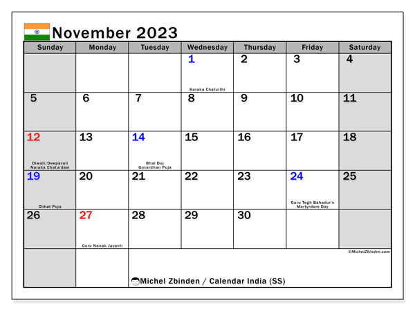 Printable calendar, November 2023, India (SS)