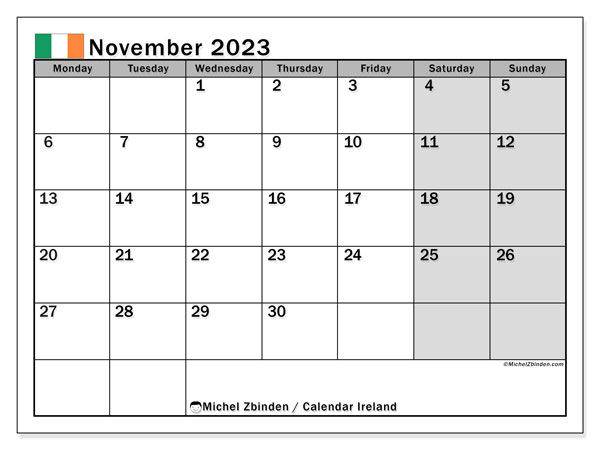 Calendario novembre 2023, Irlanda (EN). Piano da stampare gratuito.