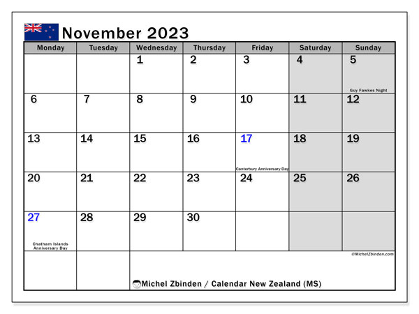 Calendar November 2023, New Zealand. Free printable program.