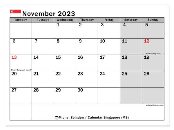 Calendar with Singapore public holidays, November 2023, for printing, free. Free diary to print