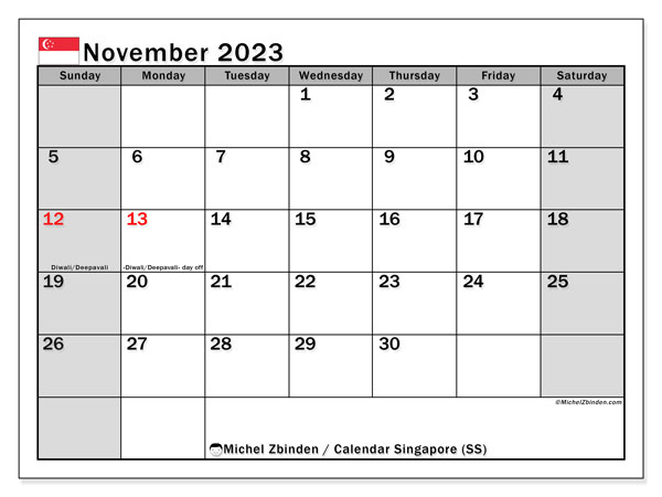 “Singapore (SS)” printable calendar, with public holidays. Monthly calendar November 2023 and free printable agenda.