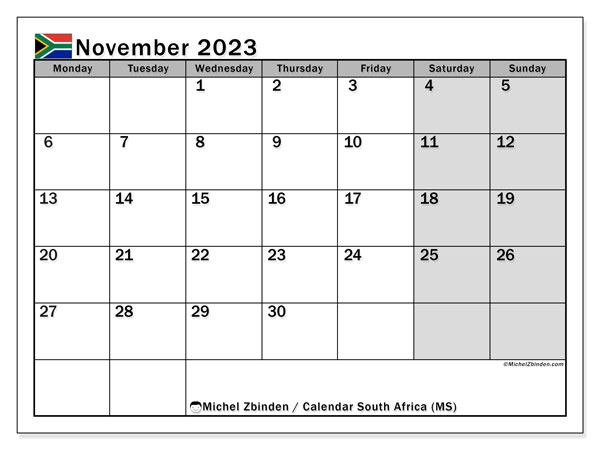 Calendar November 2023 “South Africa”. Free printable calendar.. Monday to Sunday