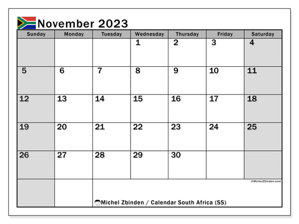 Kalendarz listopad 2023, Republika Południowej Afryki (EN). Darmowy program do druku.