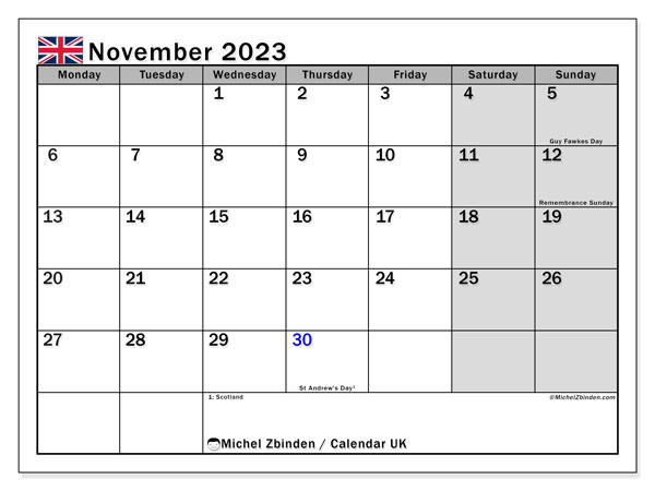 Kalenteri marraskuu 2023, Yhdistynyt kuningaskunta (EN). Ilmainen tulostettava kalenteri.