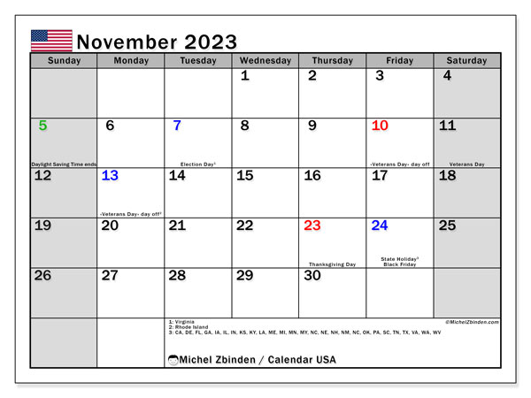 Kalender november 2023, USA (EN). Gratis utskrivbart program.