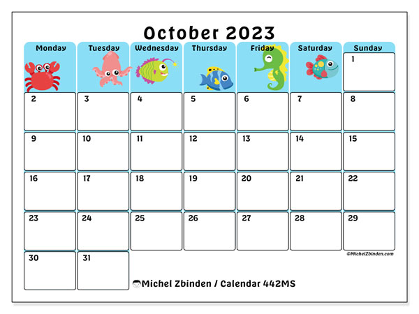 Calendar October 2023, 442MS. Free printable calendar.
