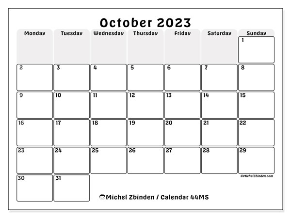 Printable October 2023 calendar. Monthly calendar “44MS” and free bullet journal to print