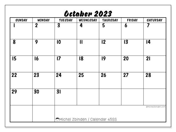 Calendar October 2023 “45”. Free printable calendar.. Sunday to Saturday