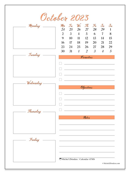 Printable October 2023 calendar. Monthly calendar “47MS” and free printable timetable