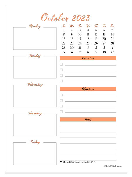 Printable October 2023 calendar. Monthly calendar “47SS” and free printable agenda