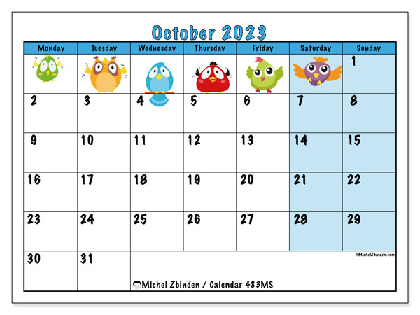 Calendar October 2023 “483”. Free printable plan.. Monday to Sunday