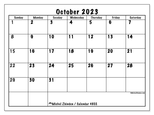 Calendar October 2023, 48SS. Free printable calendar.