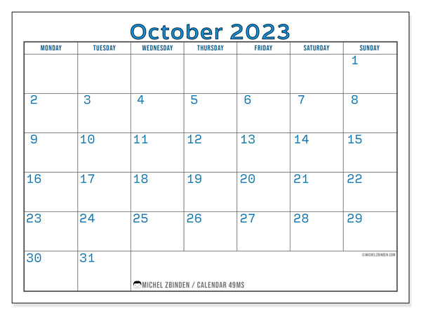 Calendar October 2023 “49”. Free printable program.. Monday to Sunday