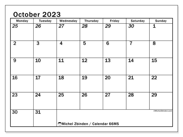 Printable calendar, October 2023, 501MS