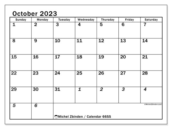 Printable calendar, October 2023, 501SS
