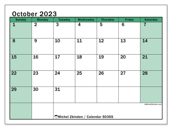Printable calendar, October 2023, 503SS
