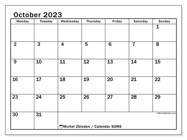 Printable calendar, October 2023, 50MS