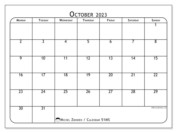 Calendar October 2023, 51MS. Free printable plan.