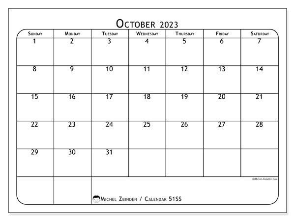 Calendar October 2023 “51”. Free printable plan.. Sunday to Saturday