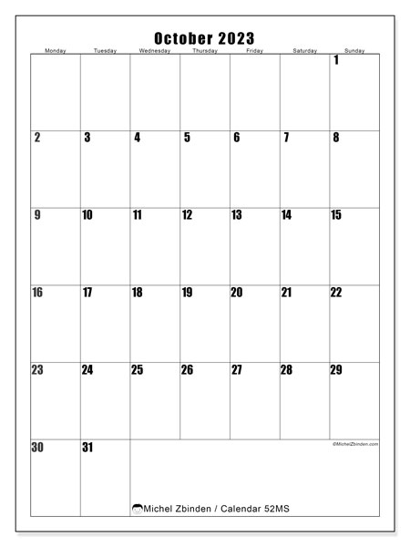 Calendar October 2023 “52”. Free printable program.. Monday to Sunday