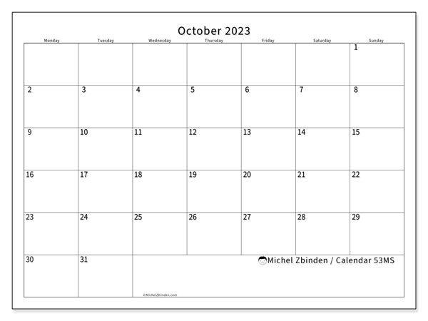Printable October 2023 calendar. Monthly calendar “53MS” and free planner to print