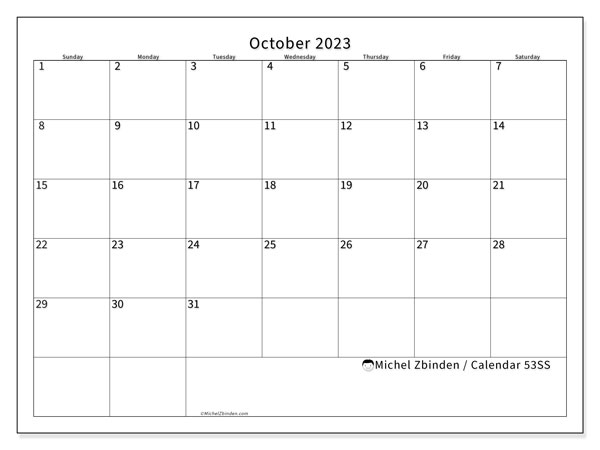 Printable calendar, October 2023, 53SS