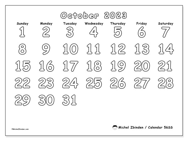 Calendar October 2023, 56SS. Free printable plan.