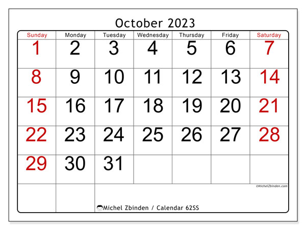 Calendar October 2023 “62”. Free printable plan.. Sunday to Saturday