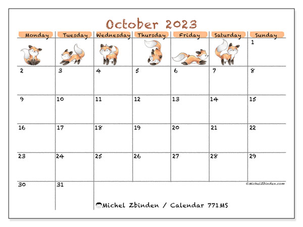 Calendar October 2023, 771MS. Free printable calendar.