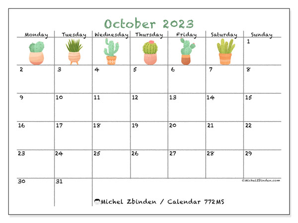 Printable calendar, October 2023, 772MS