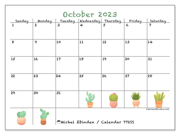 Calendar October 2023 “772”. Free printable program.. Sunday to Saturday