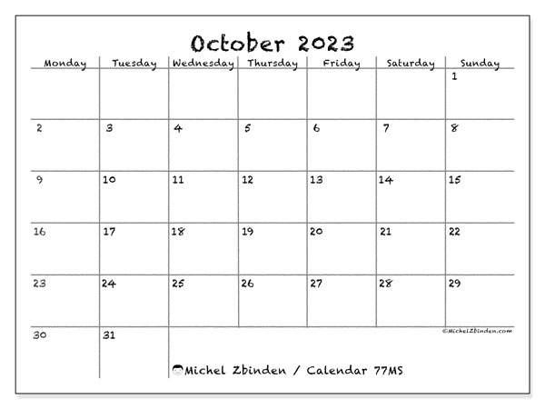 Calendar October 2023 “77”. Free printable plan.. Monday to Sunday