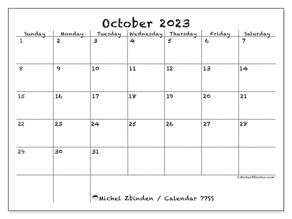 77SS, calendar October 2023, to print, free of charge.