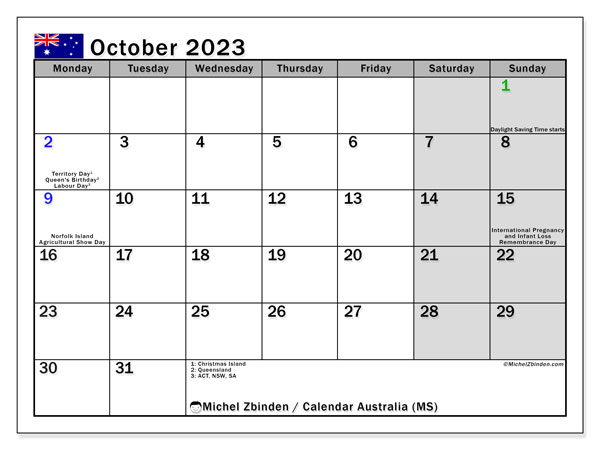 Calendário Outubro 2023 “Austrália”. Programa gratuito para impressão.. Segunda a domingo