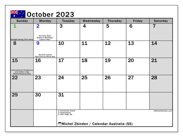 Calendário Outubro 2023 “Austrália”. Programa gratuito para impressão.. Domingo a Sábado