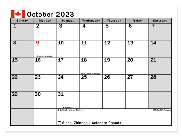 Kalendarz październik 2023, Kanada (EN). Darmowy terminarz do druku.