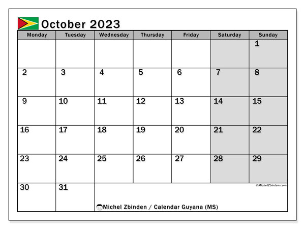 Kalenteri lokakuu 2023, Guyana (EN). Ilmainen tulostettava lehti.