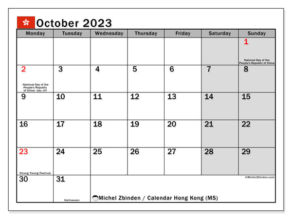 Kalender oktober 2023 “Hong Kong”. Gratis af te drukken agenda.. Maandag tot zondag