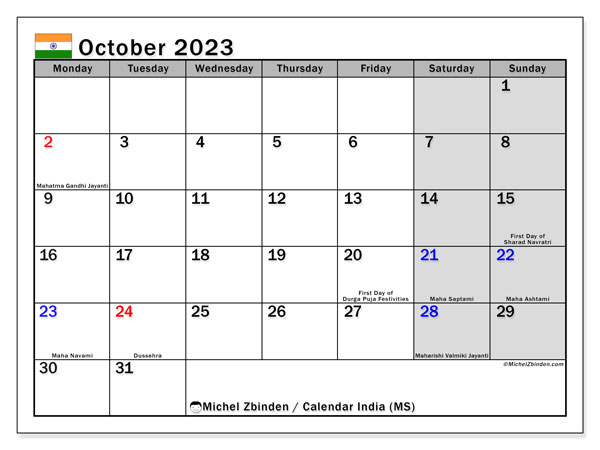 Printable calendar, October 2023, India (MS)