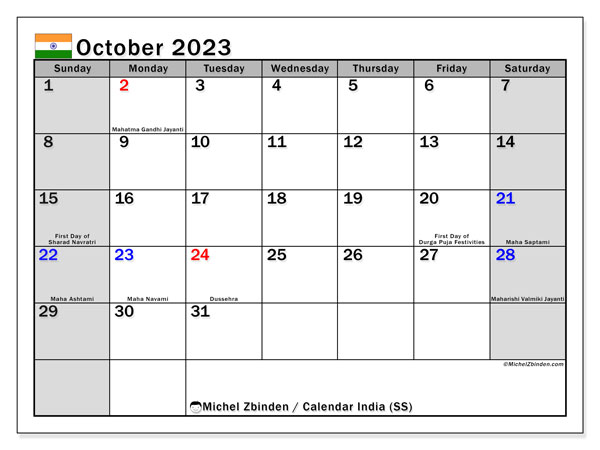 Printable calendar, October 2023, India (SS)