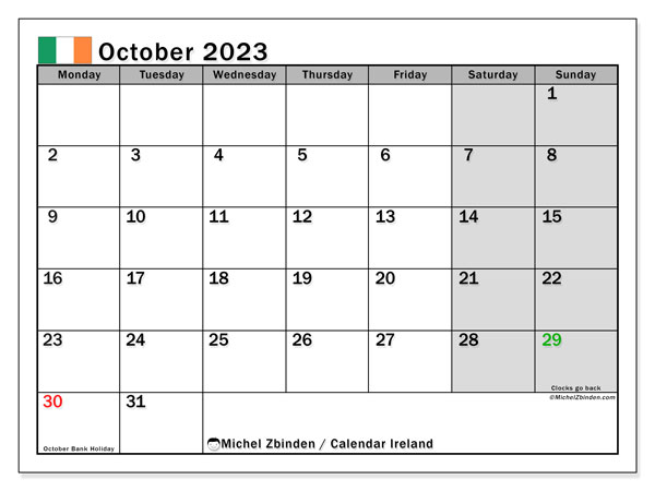 Calendário Outubro 2023 “Irlanda”. Calendário gratuito para imprimir.. Segunda a domingo
