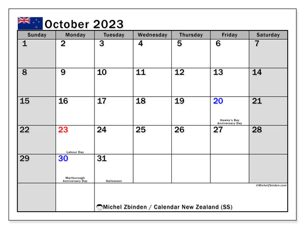 Calendário Outubro 2023 “Nova Zelândia”. Horário gratuito para impressão.. Domingo a Sábado