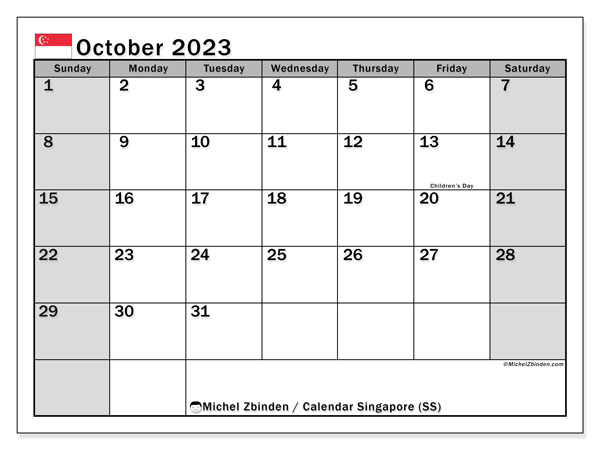 Kalender Oktober 2023, Singapur (EN). Programm zum Ausdrucken kostenlos.