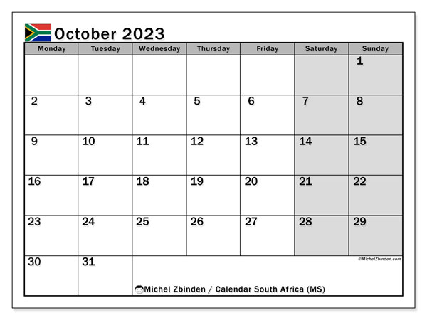 Calendário Outubro 2023 “África do Sul”. Horário gratuito para impressão.. Segunda a domingo