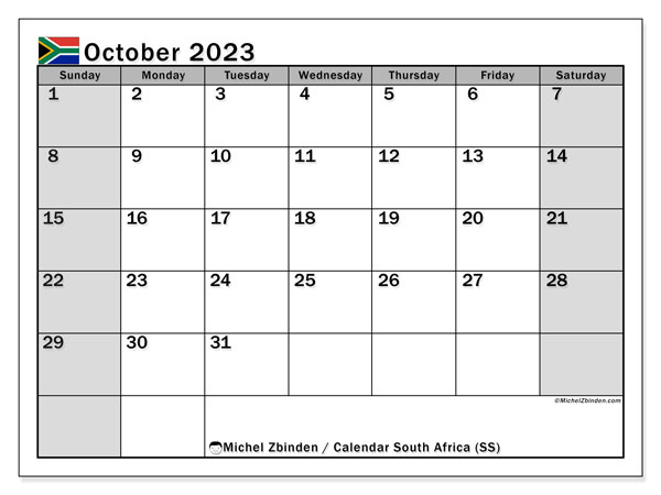 Calendário Outubro 2023 “África do Sul”. Horário gratuito para impressão.. Domingo a Sábado