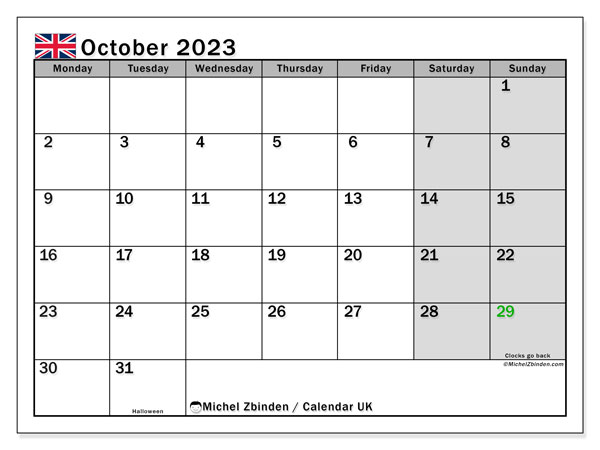 Calendário Outubro 2023 “Reino Unido”. Programa gratuito para impressão.. Segunda a domingo