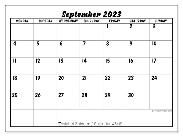 Calendar September 2023, 45MS. Free printable plan.